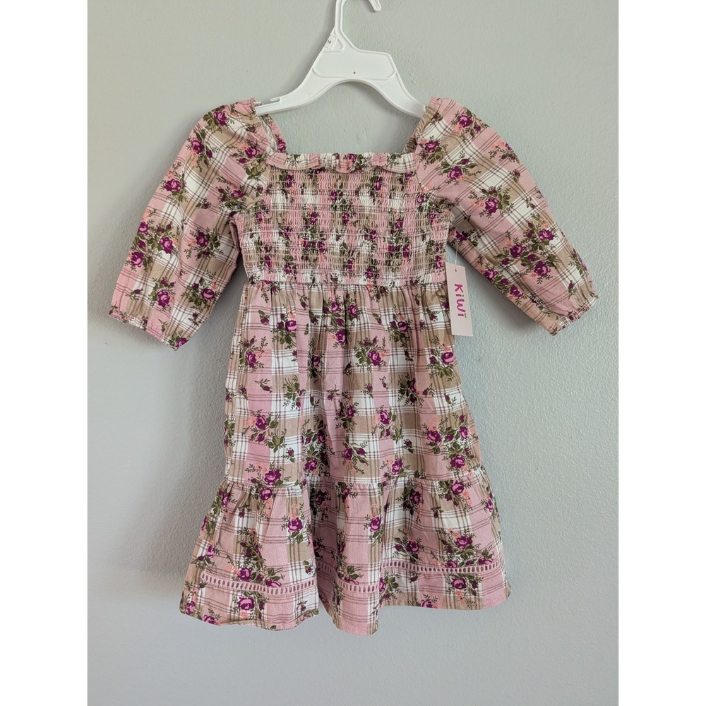 Kiwi Girls Pink Floral Calico Smocked Puff Sleeve Flair Summer Dress Size 4 NEW